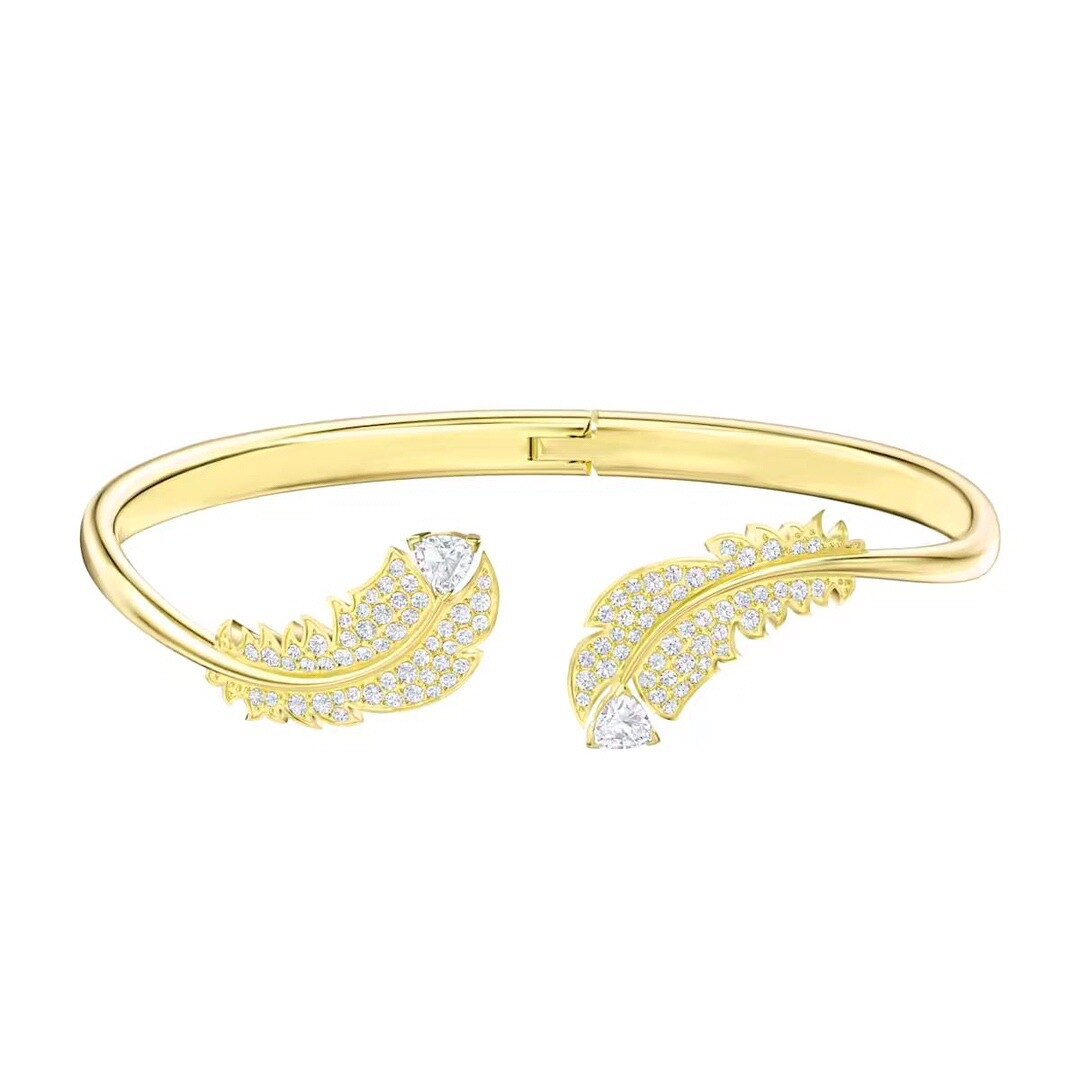 Jewelry SWA1:1, Simple Charm Feather Moon Geometric Crystal Open Bangles For Women: Black Gun Plated