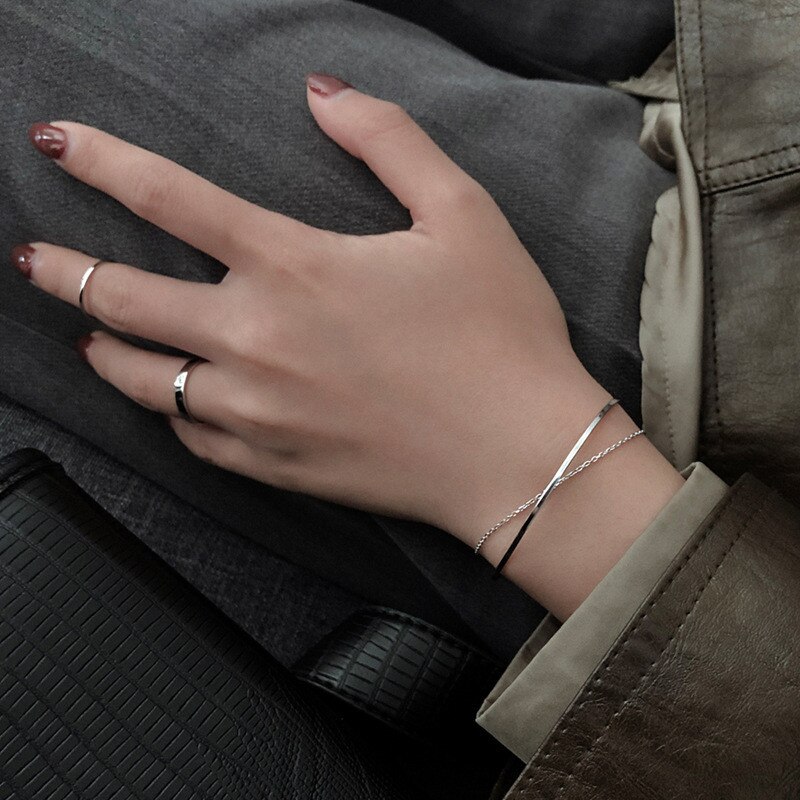 INS 925 Sterling Silver Bracelets For Women Simple Slim Curved Semi-circular Double Layers Chain Bracelet Party Wedding Jewelry