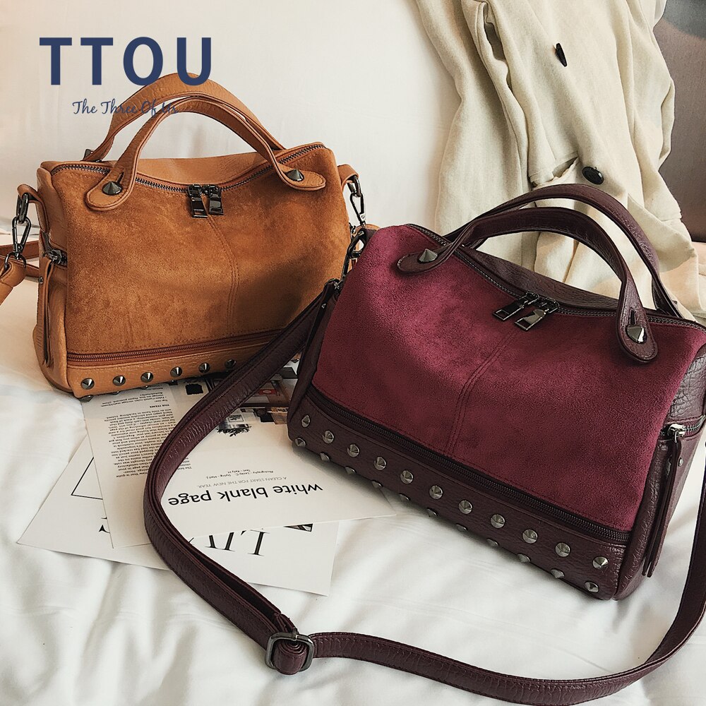 TTOU Women Suede Rivet Handbags Vintage Large Capacity Shopping Bag Casual Daily Tote Bag Female Shoulder Bag Soft Bolsas