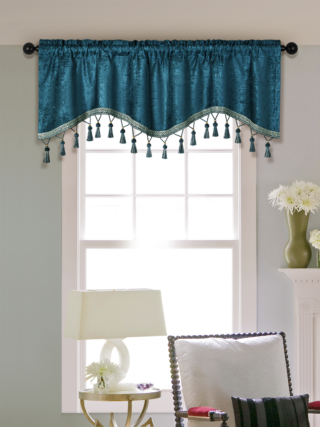 1Pc Eenvoudige Europese Stijl Gordijn Valance Voor Woonkamer, Staaf Zak, S-Vormige Valance Met Kwastjes Voor Raam Decor: Blauw