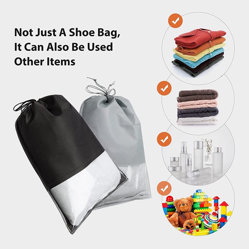 Sacs à chaussures de voyage 20 pièces, grands organisateurs d'emballage de pochettes pour chaussures, stockage de chaussures Non tissées avec corde épaisse noir + gris