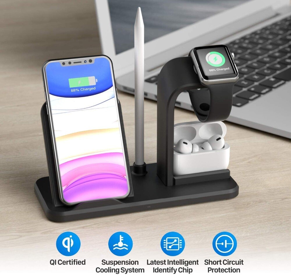 Fdgao 3- i -1 opladerstander til apple watch 5/4/3/2 10w hurtig qi trådløs oplader dockstation til iphone 11 xs xr 8 airpods pro