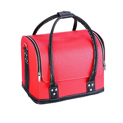 Pu läder kosmetisk låda kvinnor flera lager nagelkonst sminklådor stor kapacitet sminkpåse toalettartiklar: Svart-b