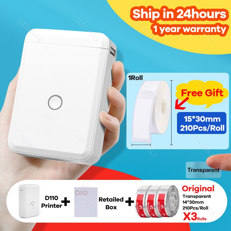Niimbot D110 Wireless Bluetooth Thermal Label Printer Portable Pocket Label Maker for Android iPhone Home Office Sticker Printer: D110 add 3Trans