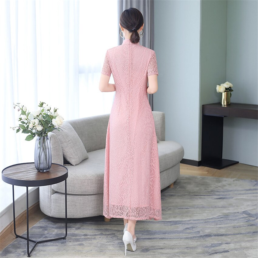 Aodai-vestido Qipao de Vietnam para mujer, ropa tradicional de encaje, Vestido largo de seda hasta la rodilla, novedad de verano, 2022