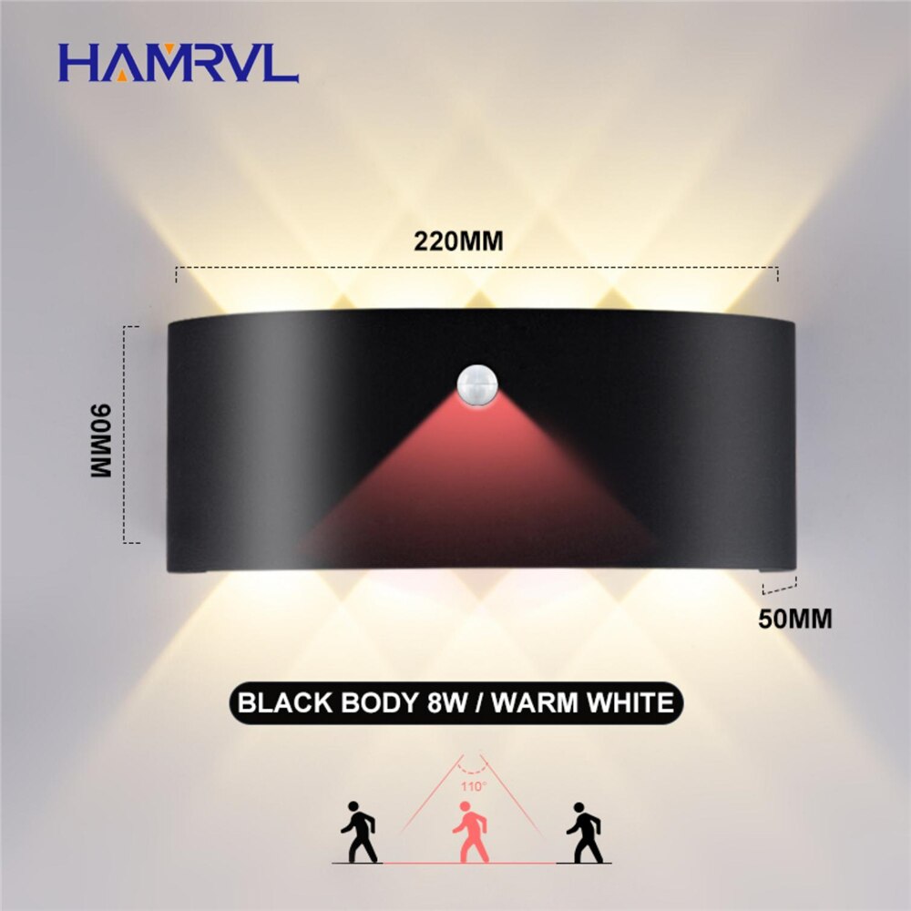 Outdoor Lighting LED PIR Motion Sensor Waterproof Wall Light 8W AC90-260V Modern Wall Lamp Garden Light Fixture Outside Building: 8W Black body-Warm