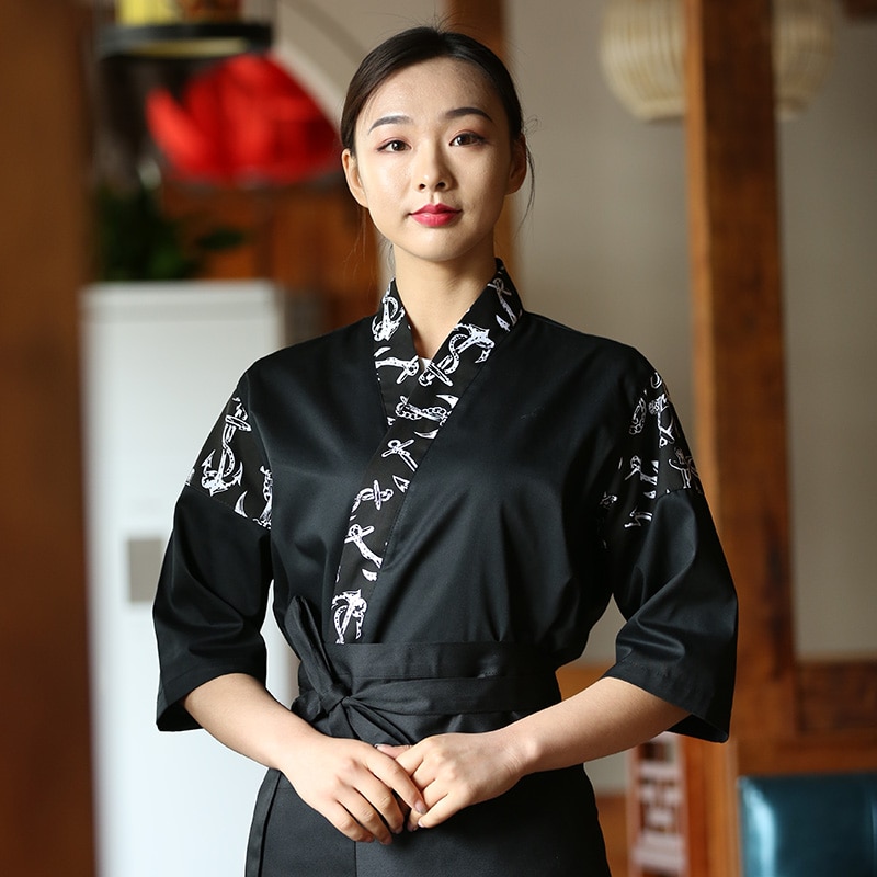 Unisex Japanese Korea Style Chef Uniform Kimono Sushi Cook Shirt Medium Sleeve Restaurant Kitchen Waiter Work Uniforms QJ05