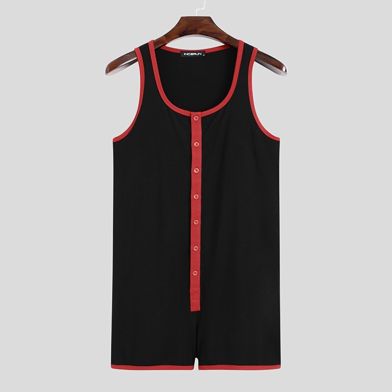 INCERUN Patchwork Onesies Casual Button Jumpsuit Sleepwear Men Sleeveless Romper Pajamas Summer Man Fitness Homewear 5XL: Black / S