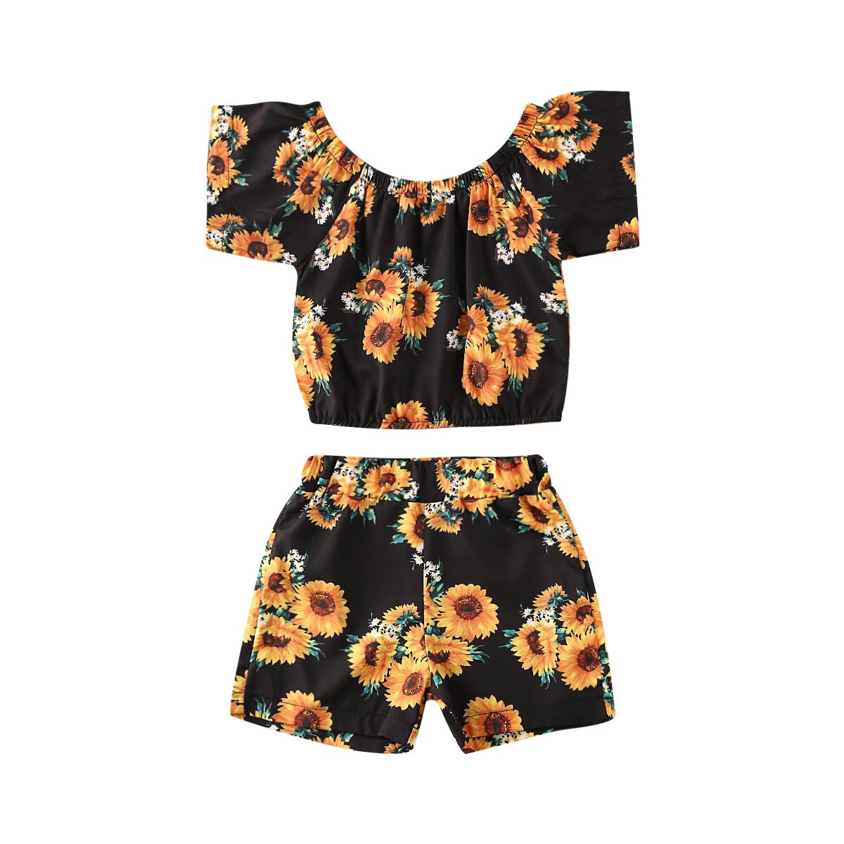 Ensemble deux pièces pour petites filles | Haut manches courtes, shorts, tenue d'été, motif floral: Black / 4T