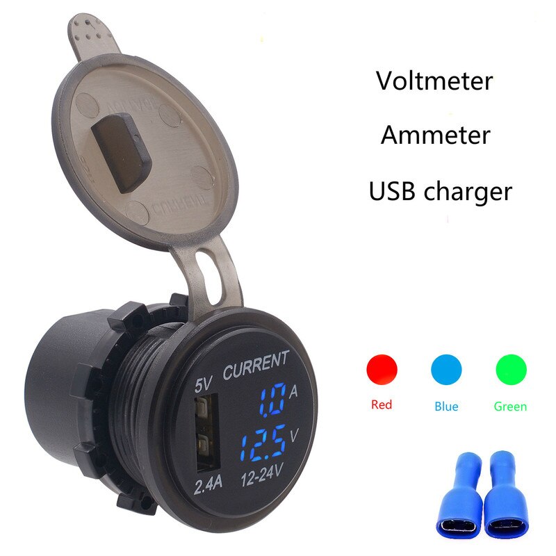 12-24V Car Charger USB Charger Socket Adapter LED Display With Dust Cover Power Socket Car Motorcycle with Voltmeter Ammeter