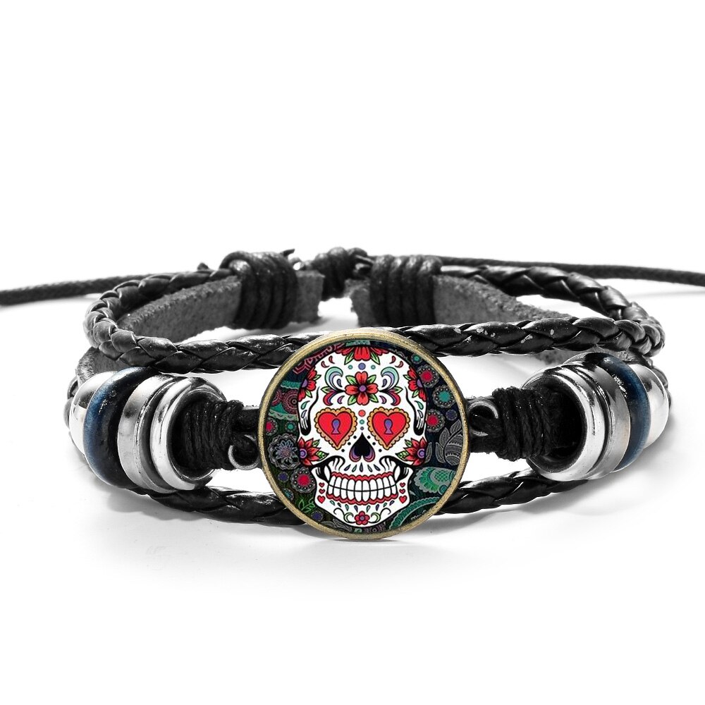 SIAN Sugar Skull Mexico Folk Art Patterns Bracelet Multilayer Braided PU Leather Bracelet Men Women Day of The Dead Special