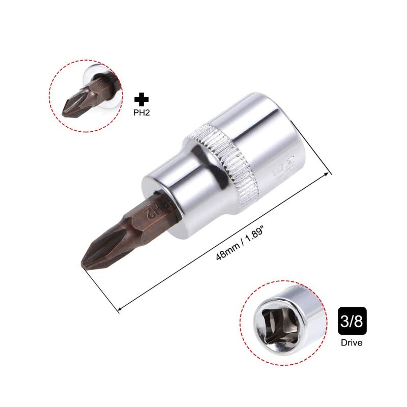 5 Pcs 3/8" Drive x PH1 PH2 PH3 Phillips Bit Socket, Standard Metric, S2 and Cr-V Steel: 50LxPH2 5pcs