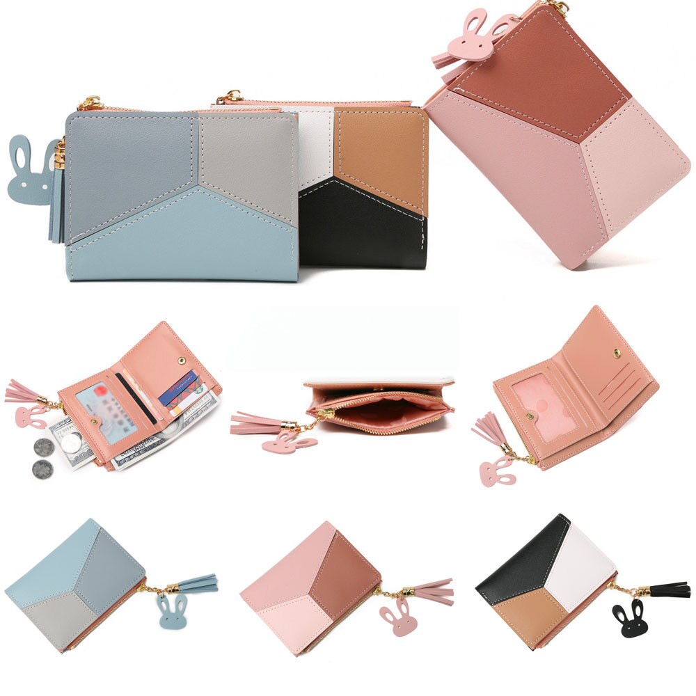 Kvinders kort pung pu læder kontrast kvast lynlås sød kanin mini clutch