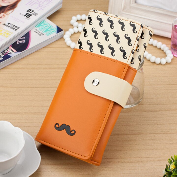 Cartera con broche de cuero PU, cartera con patrón de lindos bigotes, cartera para Mujer, monedero, tarjetero, cartera para Mujer: orange