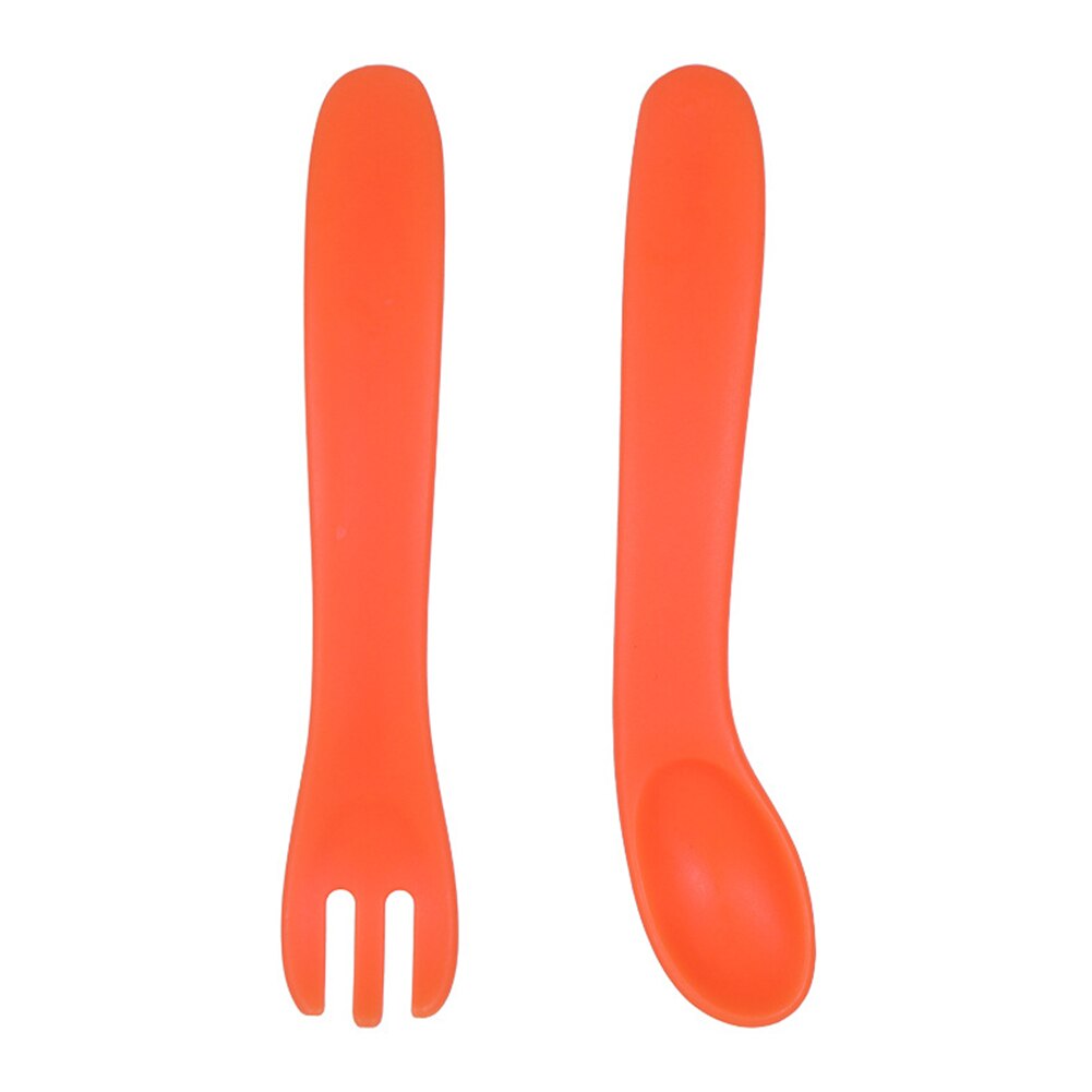 Portable Curved Spoon Fork Set Baby Eat Training Curved Utensils Plastic Safe Non-slip Spoon Fork Elbow Food Tableware: Orange