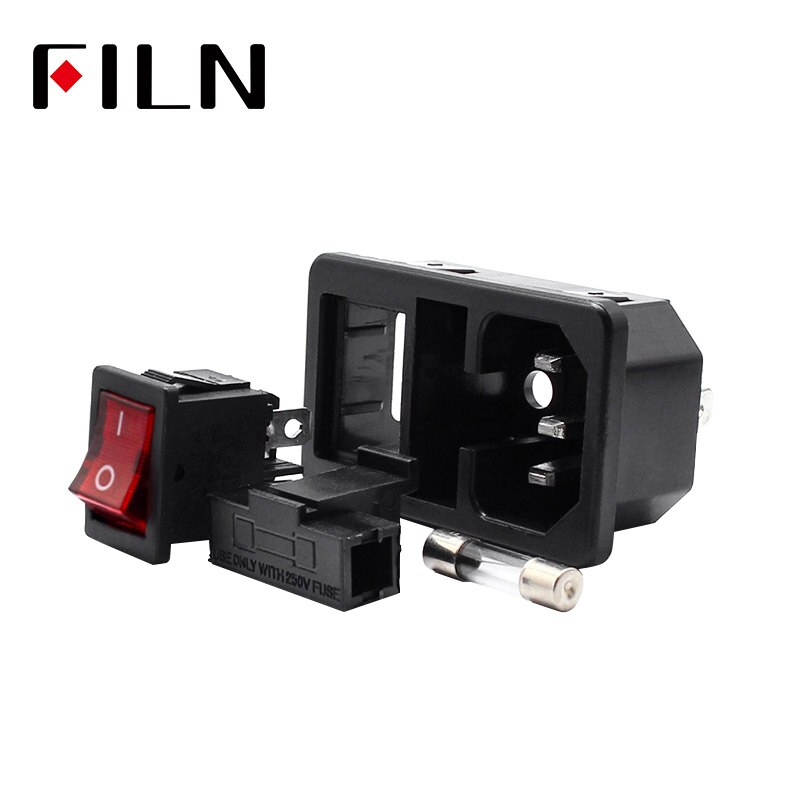 3 Pin iec320 C14 inlet connector plug power socket 250v rocker switch socket red lamp 10A fuse holder socket male connector