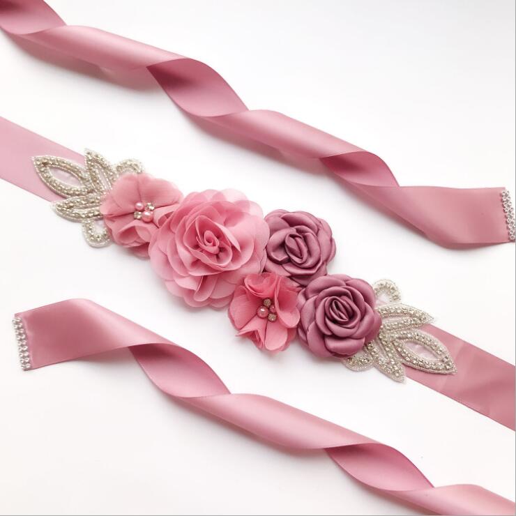Vintage sidenband långa bälten chiffong blommor glänsande strass kvinna skärp bälten bröllop bröllop formell tillbehör: Luo rosa