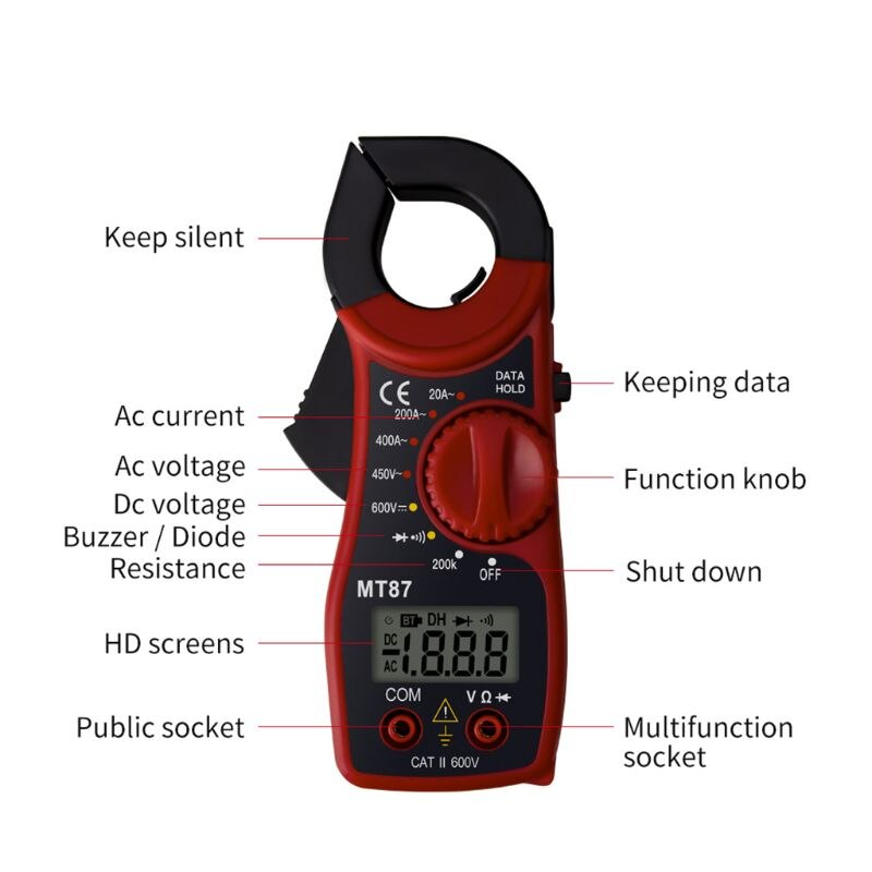 MT87 Portable LCD Digital Clamp Meter Multimeter AC/DC Ammeter Voltmeter Resistance Tester Clamp Meter