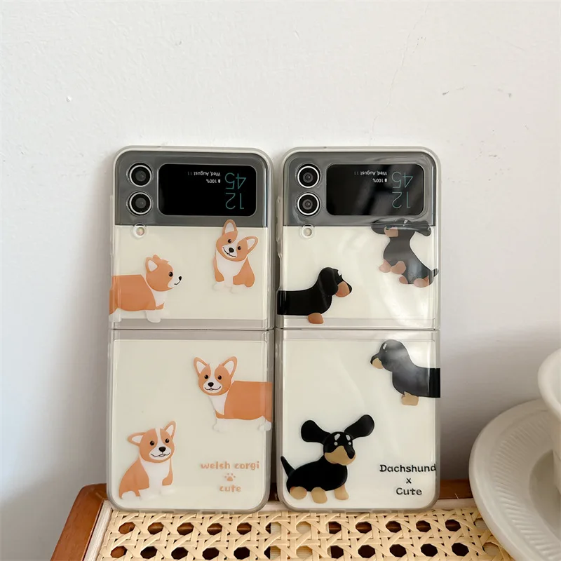 Cartoon Leuke Corgi Teckel Telefoon Case voor Samsung Galaxy Z Flip 5 4 3 Hard Cover voor Z Flip 3 Z flip 4 Solid Shell Beugel