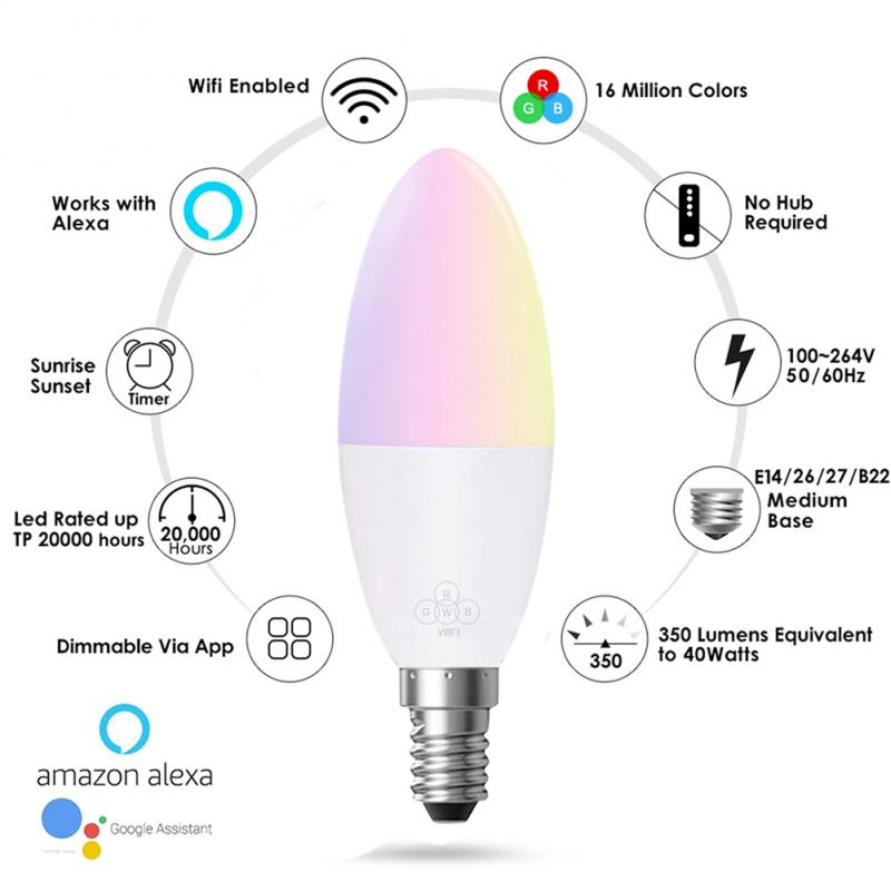 Bombilla inteligente con WiFi y Control remoto para Alexa y Google Home, bombilla LED RGB para Vela, 6W, E14/E10/E27/B22