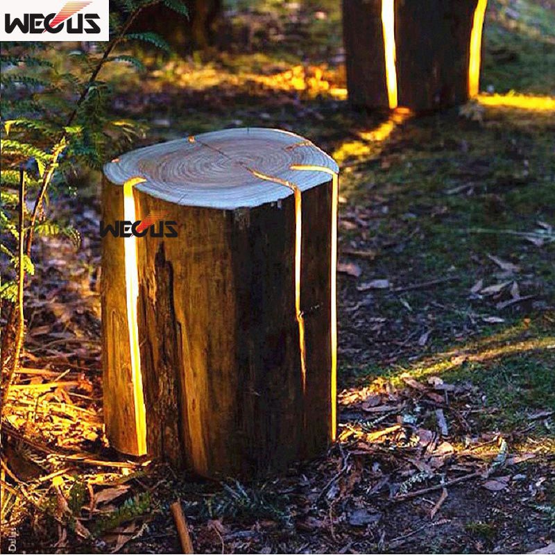 Produit breveté. Lumières de souche, lumières de tabouret en bois, lumière de pelouse en bois d'imitation