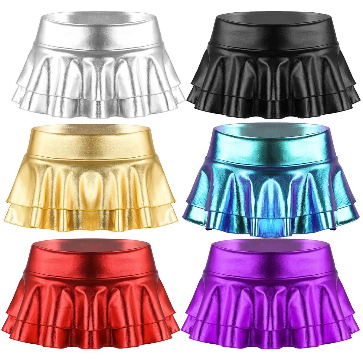 Vrouwen Glanzend Metallic Laagbouw Ruches Pole Dance Shorts Rok Lederen Club Party Dancing Festival Rave Kostuum Sexy Mini Rokken