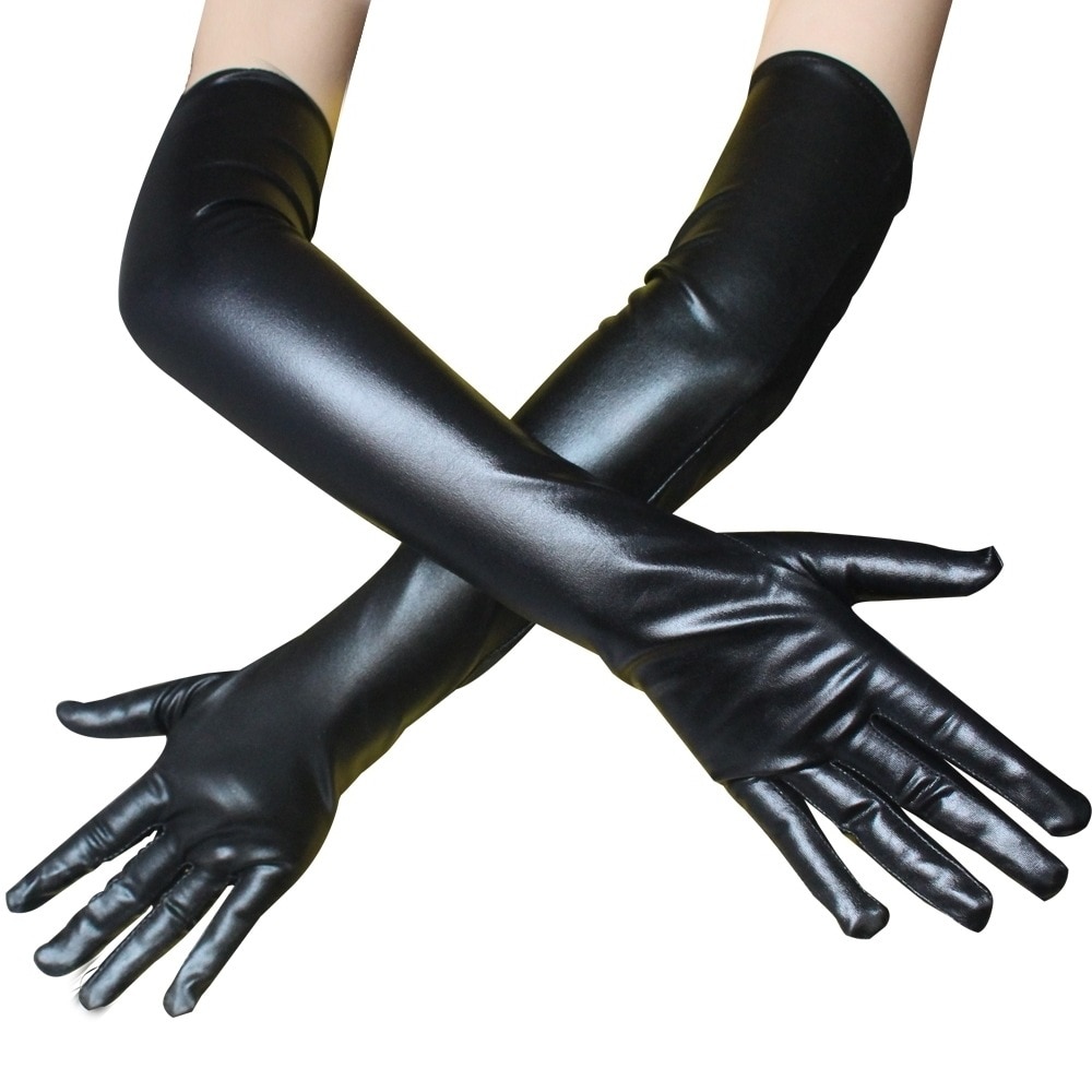 Gant Long et Sexy en cuir PU extensible, moulant, Punk, Rock, Hip Hop, Jazz, Disco, danse, mitaines métalliques brillantes, accessoire de Cosplay