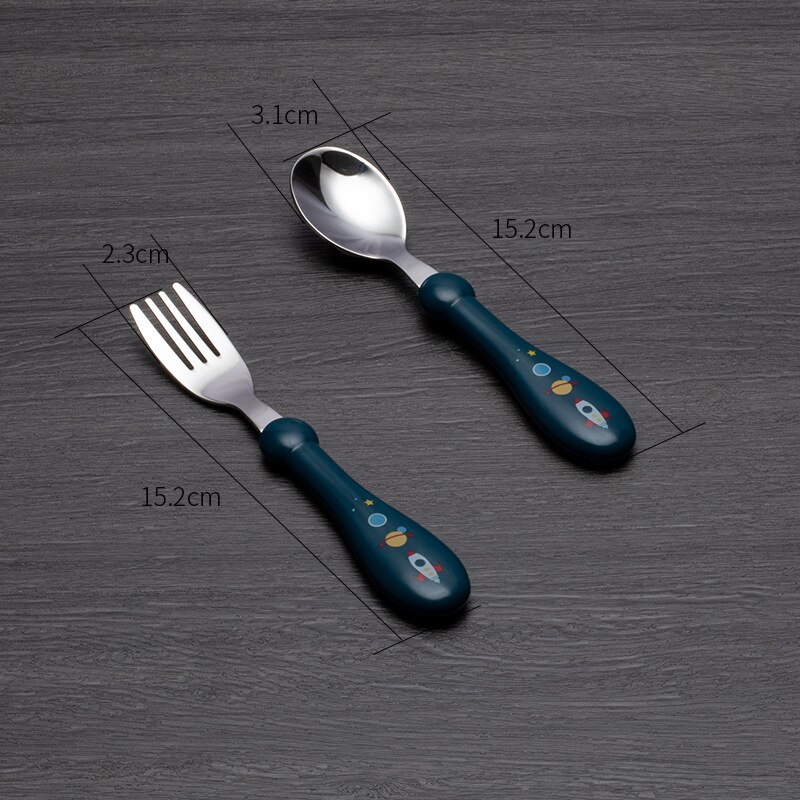 Juego de cuchara y tenedor para bebé, cubiertos de acero inoxidable de seguridad para alimentación de niños, utensilio de dibujos animados, vajilla infantil, 2 piezas: Dark blue-straight