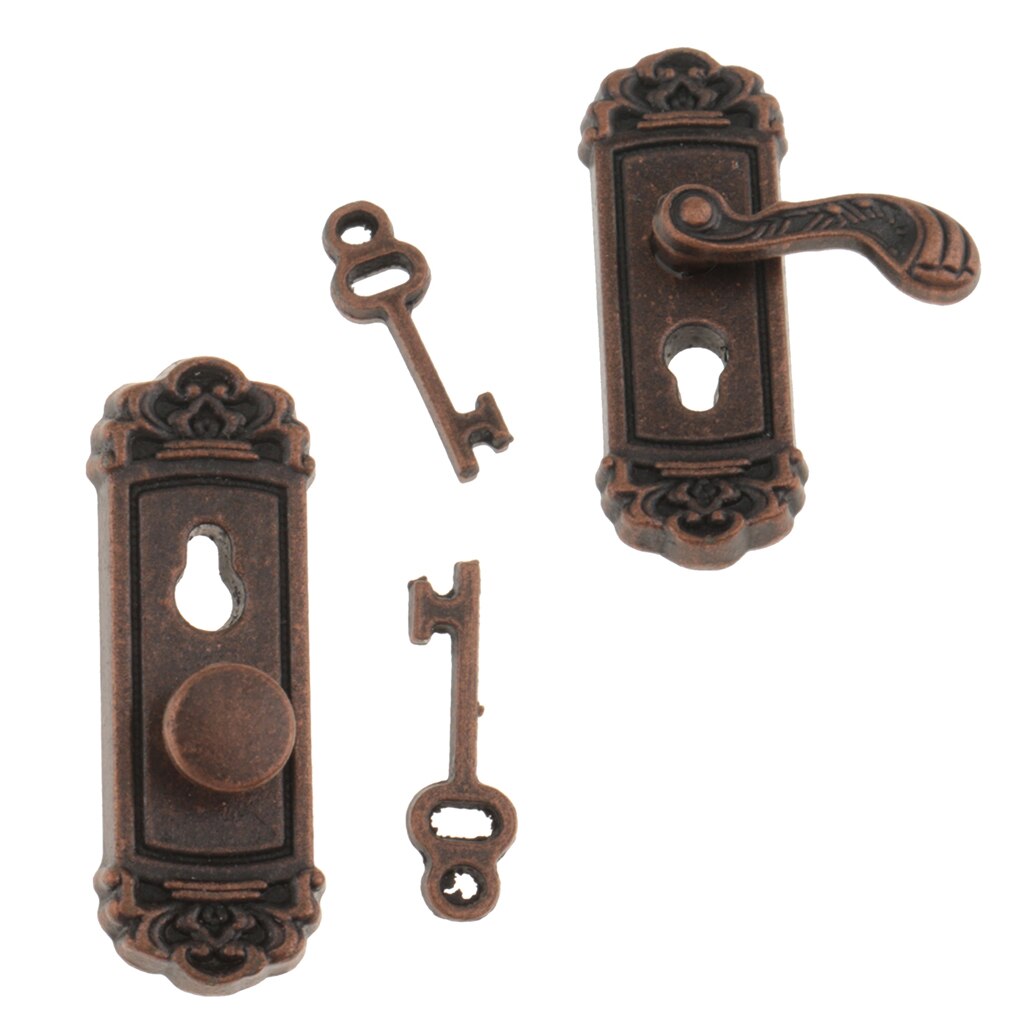 2 Set 1/12 Dollhouse Miniature Vintage Deurklink Met Slot Sleutel Kamer Accessoires