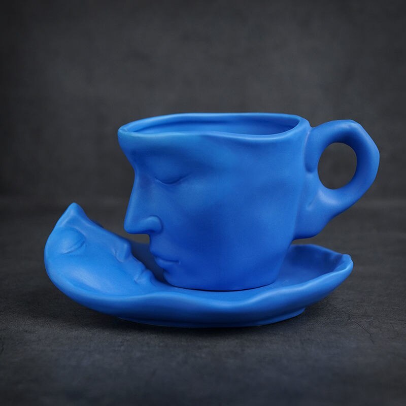250ml Ceramic Human Face Mug Thinker Coffee Cup Funny Face Shape Cup With Tray Set Color Milk Tea Water Drinking Cup: Blue