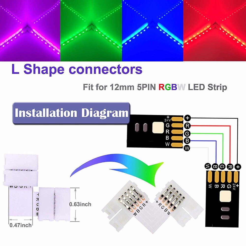 12MM 5PIN LED Strip Connector Kit with 16.4FT Extension Cable,4PCS Gapness Connectors,5 pin Male Connector Wire Cable,L ST292