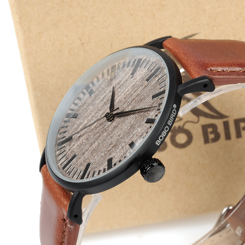 BOBO BIRD WE25 Mens Watch with Metal Case Wooden Dial Face Soft Leather Band Quartz Watches for Men Women