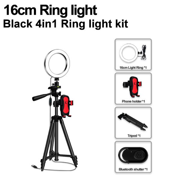 Selfie Ring Lamp LED Ring Light Selfie For Ring Phone Photography Lighting Camera Tripod Kit Photo Equipment Black And Silver: 16cm black 4 in 1