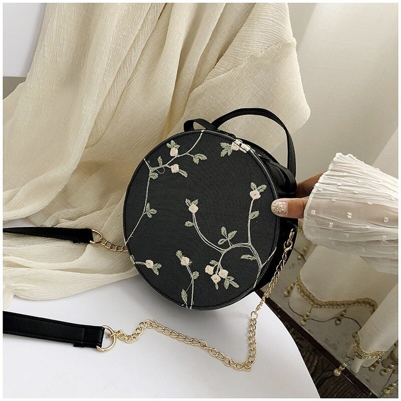 Süße Spitze Runde Handtaschen PU Leder Frauen Umhängetaschen Weibliche Kleine Frische Blume Kette Schulter Weiß