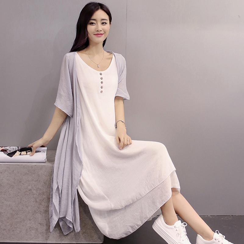 Yfashion Women Dresses Spring Summer Retro Linen Dress Summer Sleeveless Buttons Dress+Thin Coat Set Women Two Piece Set