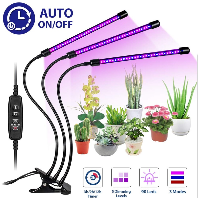 Planting lamp growth lamp holder timer lamp 27w plant growth lamp USB plug LED 3 head for indoor plant growth lighting