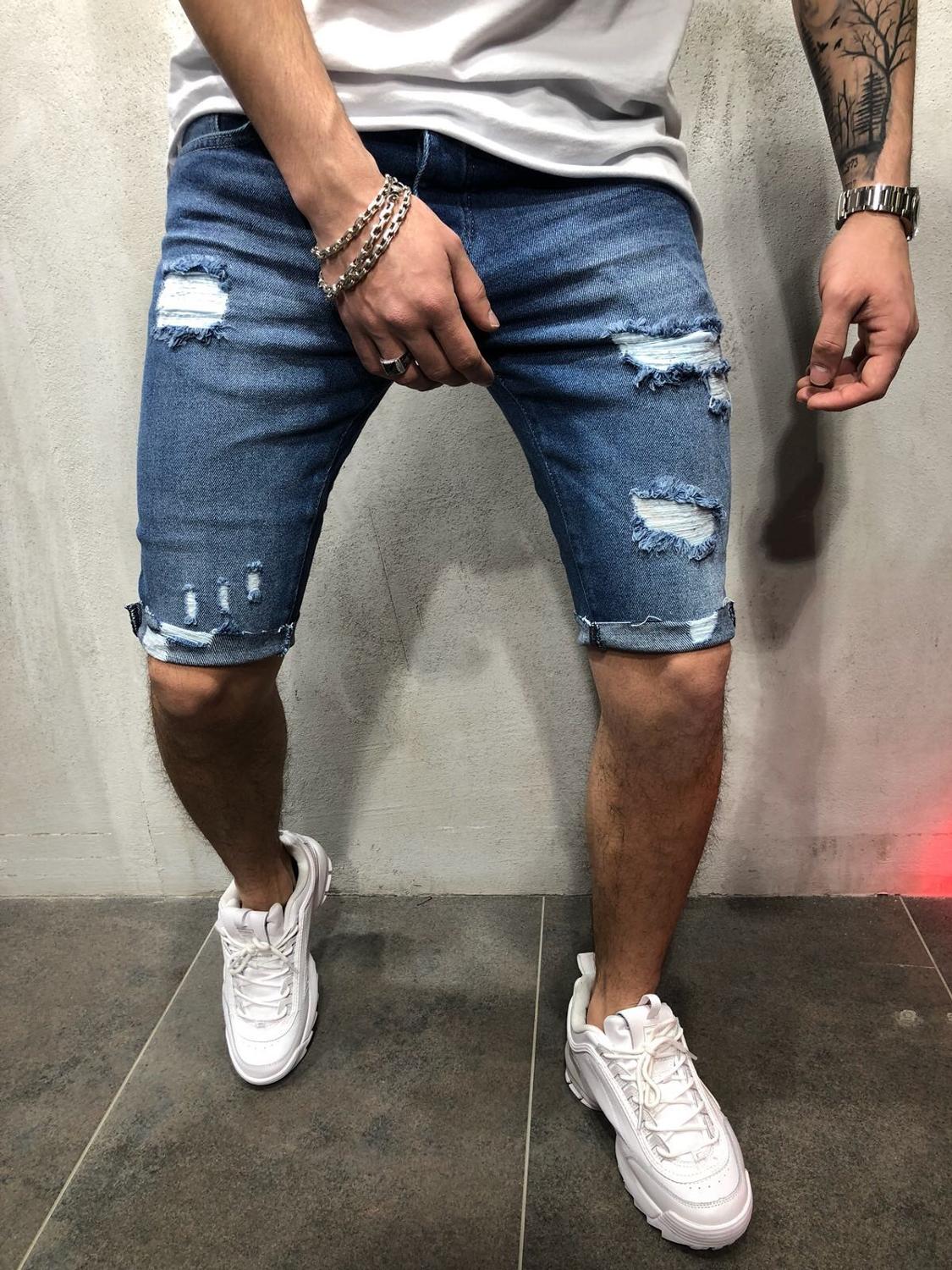 Denim Trousers with Holes and Slim Fit Men’s Pans Blue Denim Men’s Trousers Casual Shorts