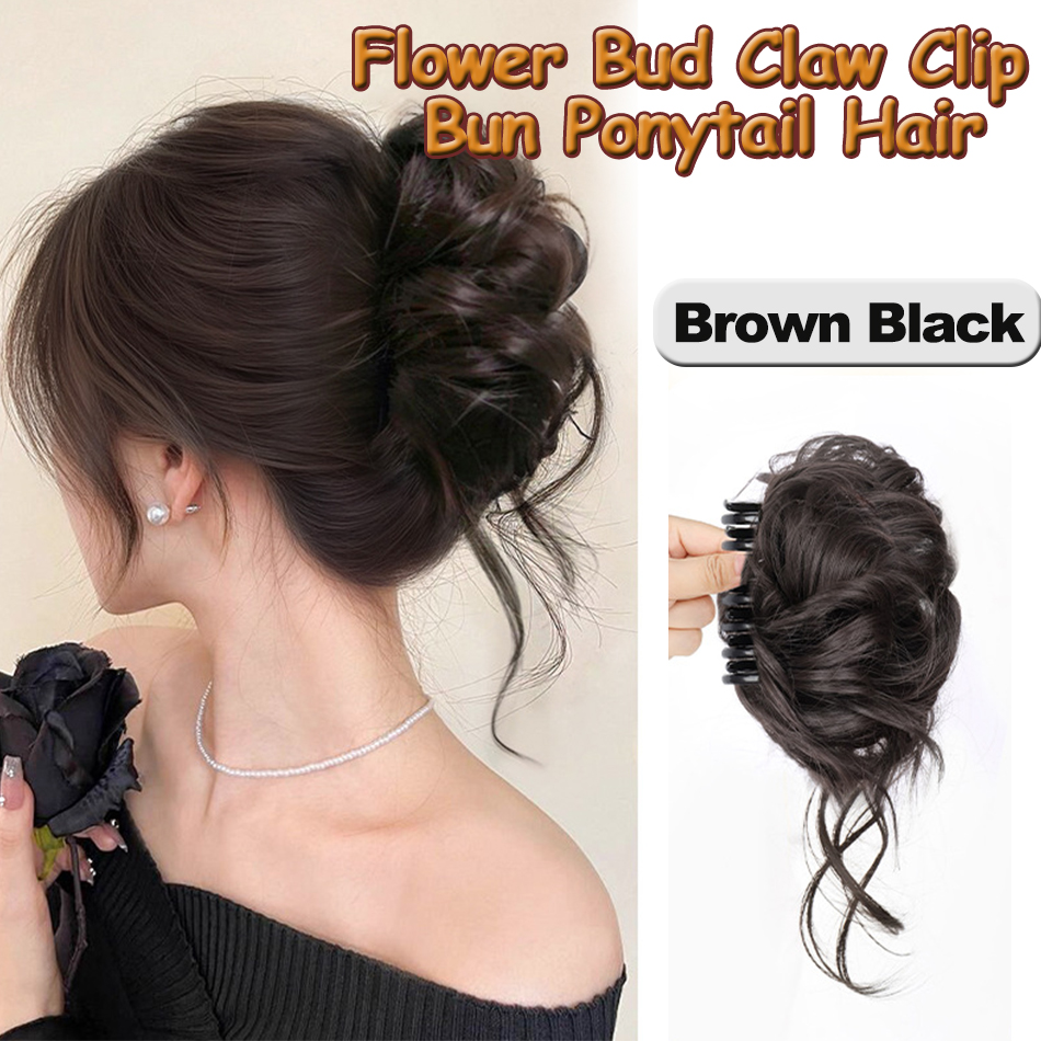 Moño sintético desordenado, pieza de pelo, Clip de garra, extensiones de cola de caballo, estilo Scrunchie, moño de capullo de flor perezoso, cola de caballo rizada ondulada: Plata