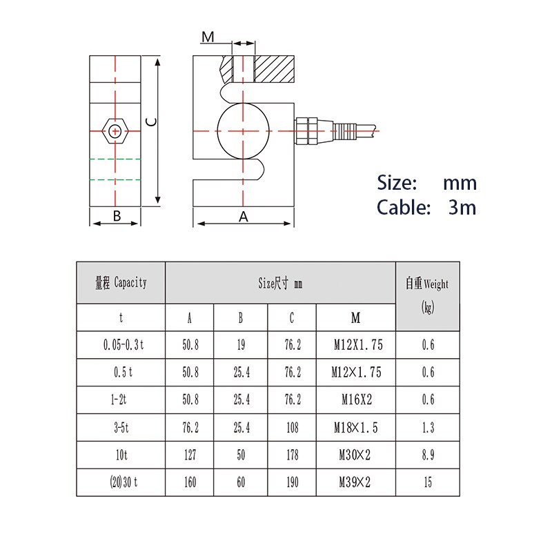 S Sensor de Balança Eletrônica de Pesagem da Célula de Carga Tipo 10 5KG KG 100KG 200KG 300KG 500KG 1000KG 1500KG 2000KG