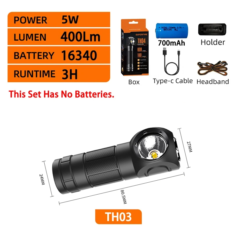 SUPERFIRE TH03 linterna frontal LED de alta potencia USB C recargable Mini 16340 EDC linterna de cabeza en ángulo con faro de trabajo de cola magnética: Color blanco cálido