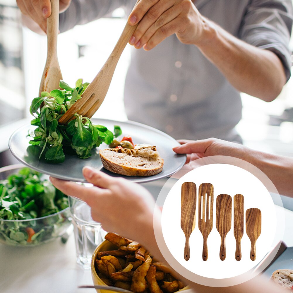 5pcs Tool Cooking Utensil Heat Resistant Slotted Turner Wooden Spurtle Set Home Stirring Serving Mixing Non Stick Kitchen
