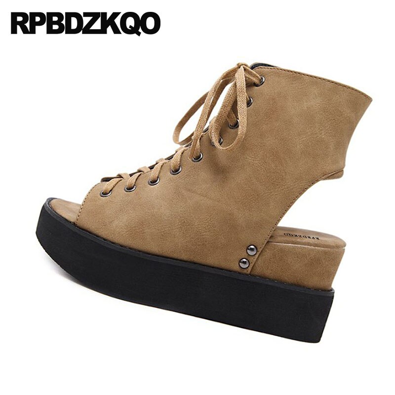 Støvler sko støvletter snøre harajuku kvinder wedge platform sandaler damer peep toe pumps brun sommer slingback høje hæle