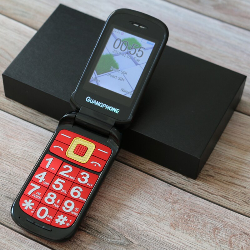 Flip senior mobiele telefoons dock oplader sos oproep snel bellen magisch stemspel groot toetsenbord zaklamp