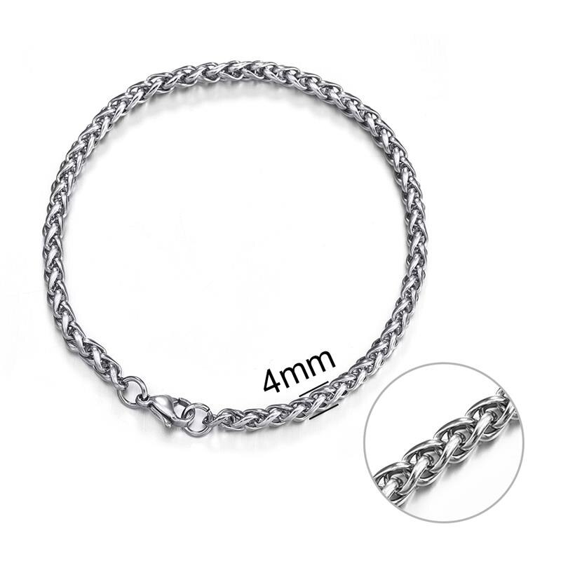 Jiayiqi 3-8mm pulsera de acero inoxidable para hombres, pulseras de cadena de eslabones de trigo de Color plateado Punk para hombres y mujeres, joyería de Hiphop: 4mm Bracelet / 18 cm