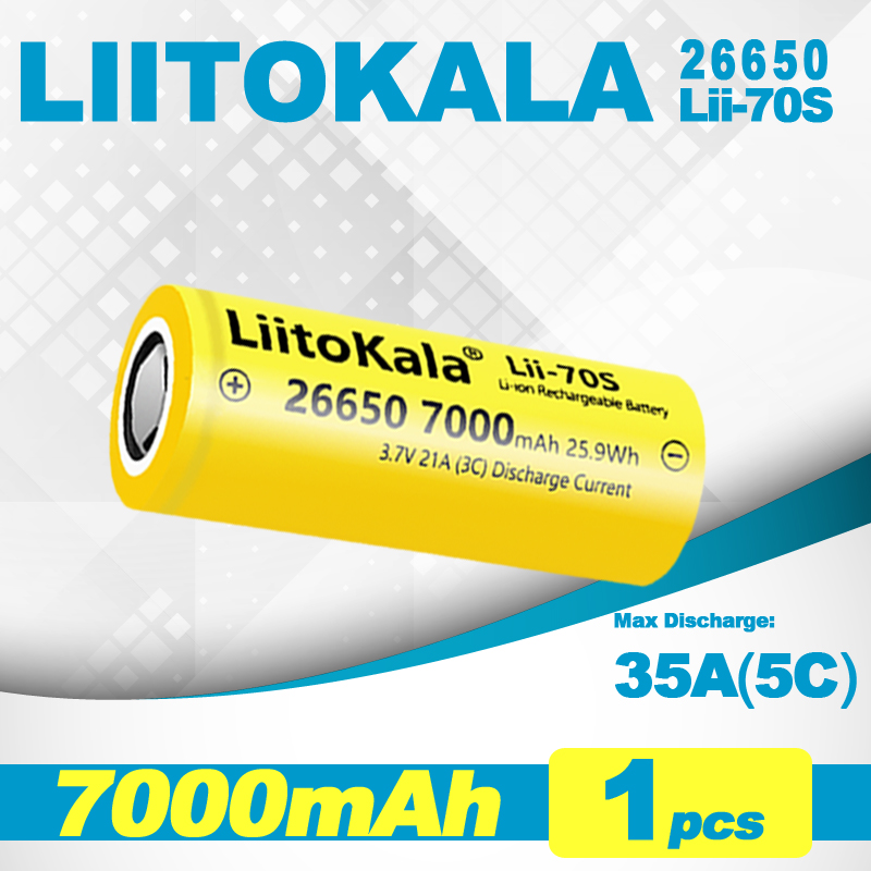 1pcs LiitoKala Lii-70S Newest released highest capacity 26650 7000mah 30A rechargeable battery for flashlight