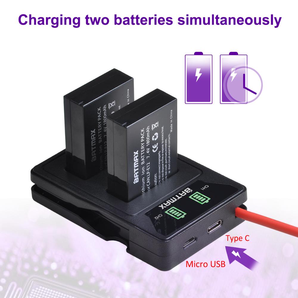 Batmax LP-E12 LPE12 Battery akku+LED Dual Charger with Type C Port &USB Cable for Canon EOS M50, EOS M100,100D Kiss X7 Rebel SL1
