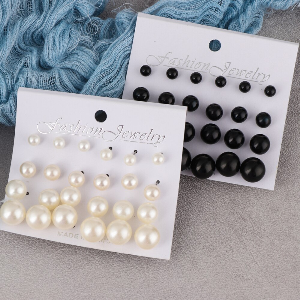 12 Pairs Vrouwen Sieraden Op Oor Bal Stud Oorbellen Kit Zwart Beige Gesimuleerde Parel Oorbellen Set Voor Bijouteria Brincos Bijoux