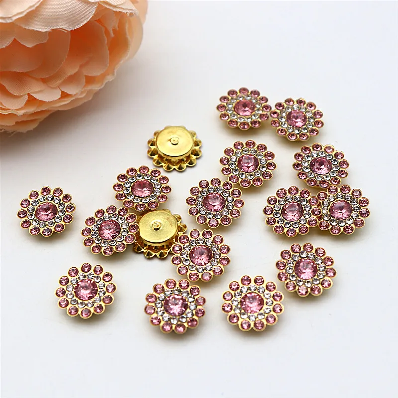 Taladro de flor de sol de 14mm, placa facial redonda cosida a mano, hebilla de taladro hecha a mano, accesorios de cuentas de lazo Diy, diamantes de imitación de doble flor