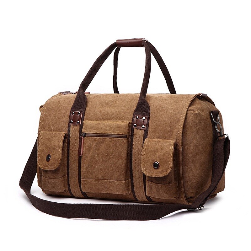 Canvas plunjezak 40-50L grote capaciteit reistas, gymplunjezak, multifunctionele schouder-, hand- en crossbody-draagtas voor dames en heren, Koffie, 54 cm x 24 cm x 33 cm, Reizen Duffle