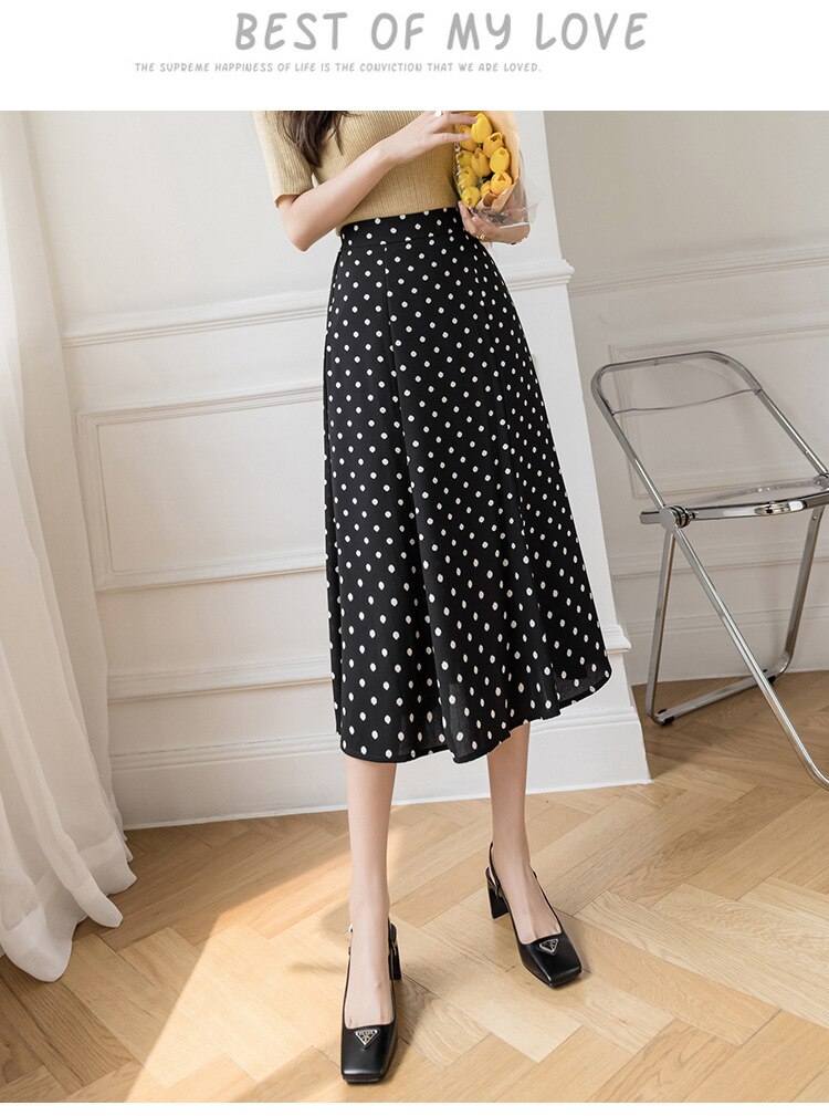 Falda larga con estampado de lunares para mujer, falda larga informal de cintura alta, coreana, para primavera y verano,: Negro / S